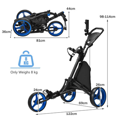 Adjustable 3-Wheel Golf Bag Push Cart Trolley Dimensions