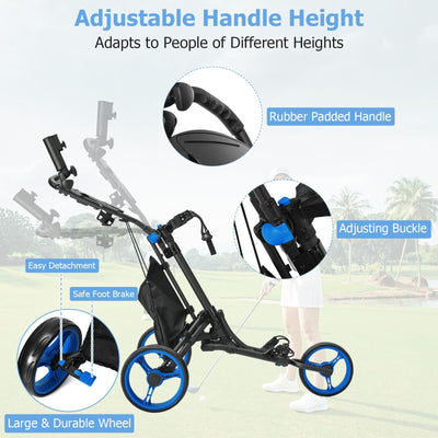 3-Wheel Golf Cart Trolley with Adjustable, Rubber Handle and Detachable Wheels