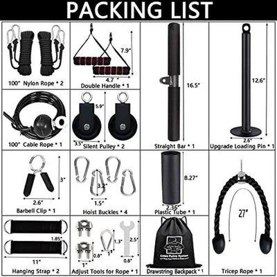 Weight Cable Pulley System with Nylon Ropes, Cable Ropes, Barbells Clip, Hanging Strap, Double Handles, Silent Pulleys, Hoist Buckles, Straight Bar, Plastic Tube, Loading Pin, Triceps Rope and Drawstring Carry Case