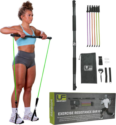 Complete Exercise Resistance Bar and Band Kit with 6 x Resistance Bands, 2 x Handles, 1 x Ankle Strap, 1 x Door Anchor, 2 x Steel Clips