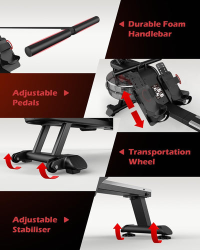 Premium Water Rower Machine with Adjustable LCD, Pedals, Stabiliser and Built-in Transport Wheels